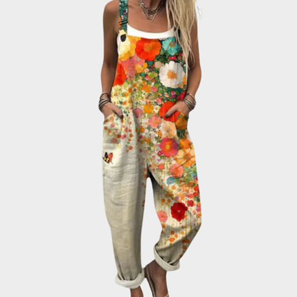 Multicolor floral printed overalls with adjustable straps and wide leg openings