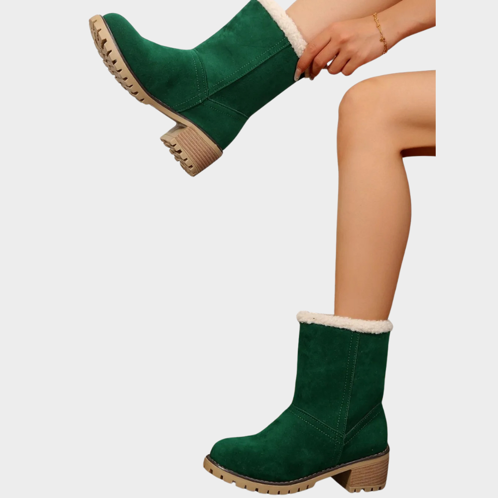 Green suede mid-heel winter boots with sherpa cuffs and lug sole