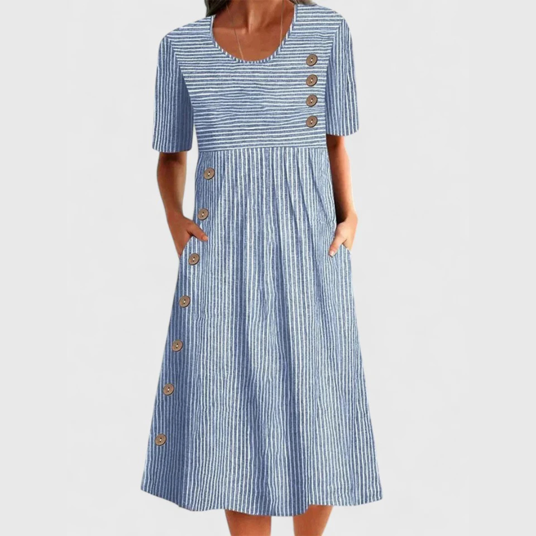 Blue striped midi dress, short sleeves, round neck, front button detail