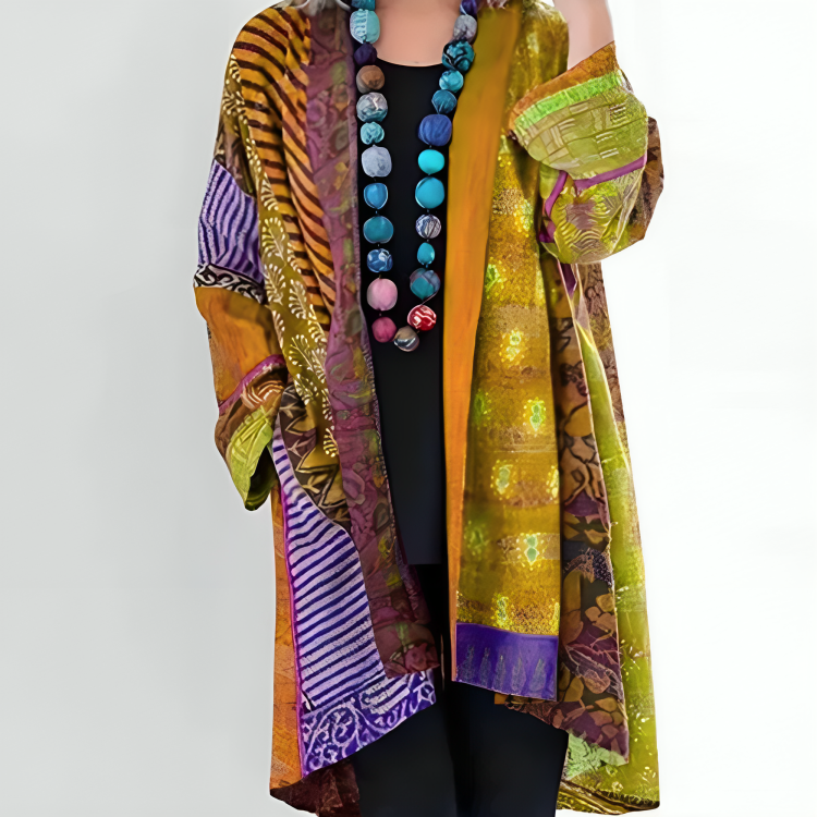 Multicolor boho patchwork cardigan with open front and long sleeves, gold yellow and purple tones