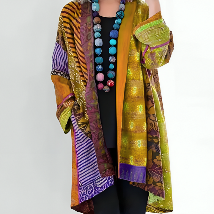 Multicolor boho patchwork cardigan with open front and long sleeves, gold yellow and purple tones