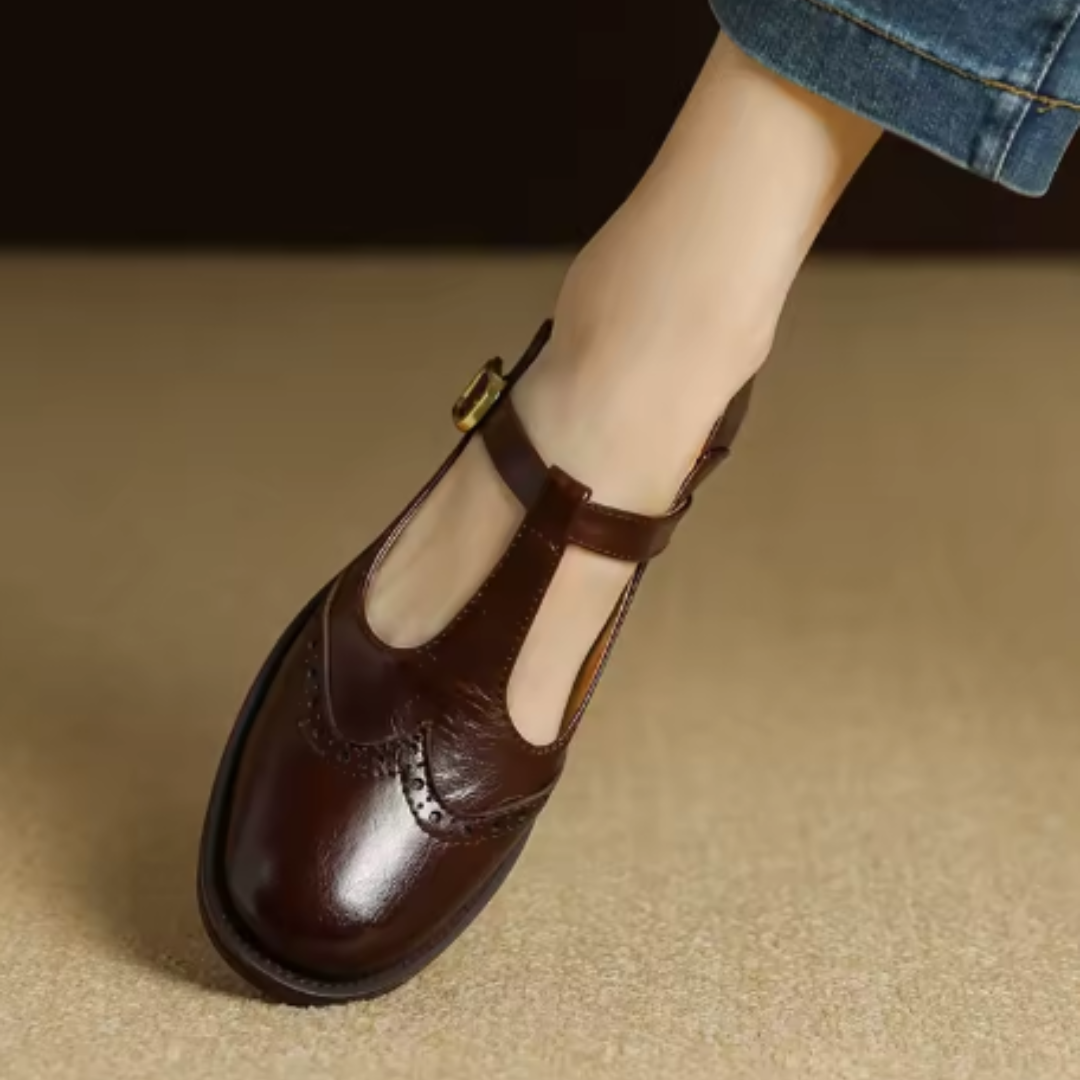 Mary Jane shoes in brown with ankle strap and glossy finish
