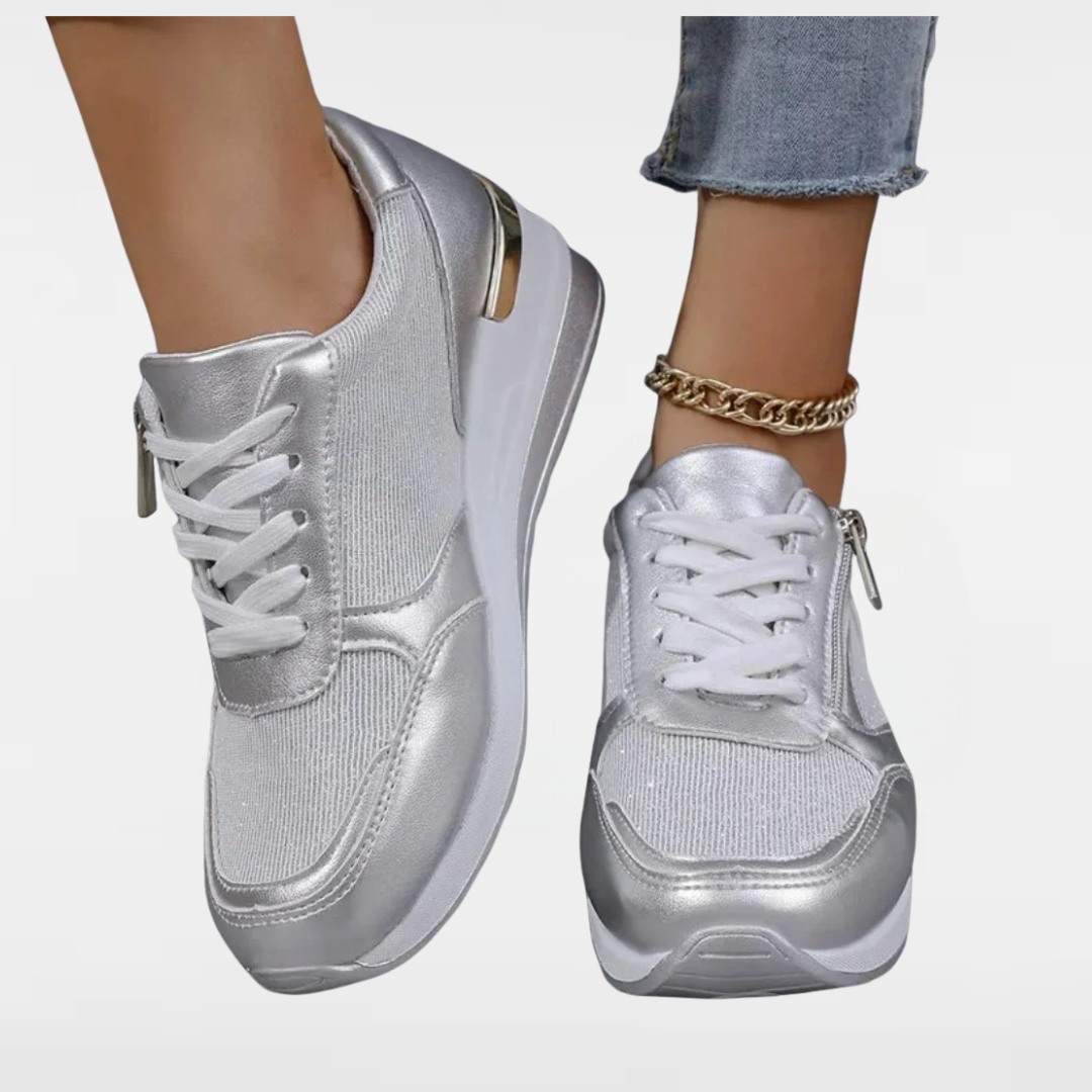 Metallic silver lace-up fashion sneakers with side-zip, chunky sole