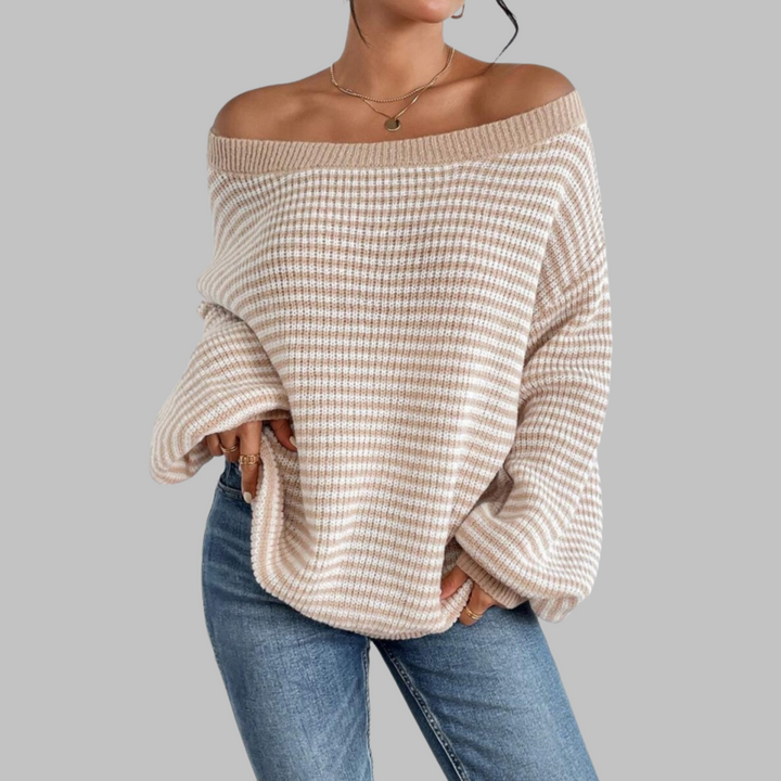 Striped drop-shoulder long-sleeve sweater, off-shoulder neckline, beige and white