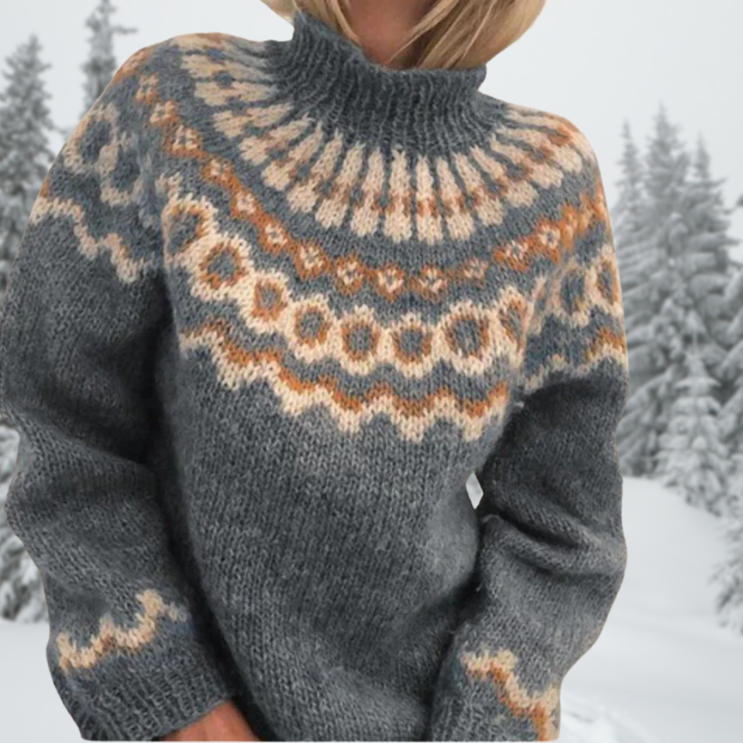 Gray knit sweater with high turtleneck and patterned Fair Isle yoke, long sleeves