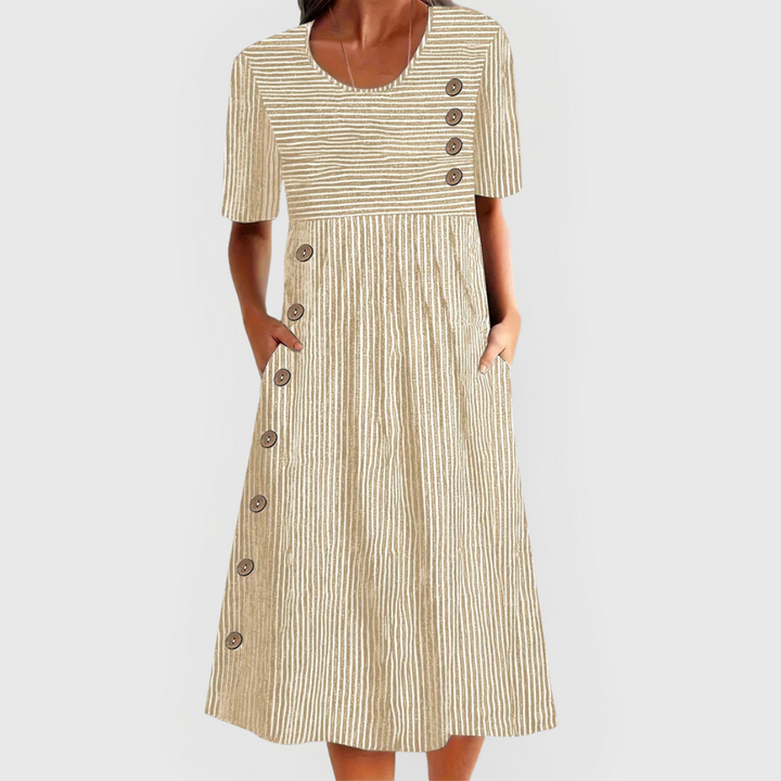 Beige striped midi dress, short sleeves, round neck, front button detail