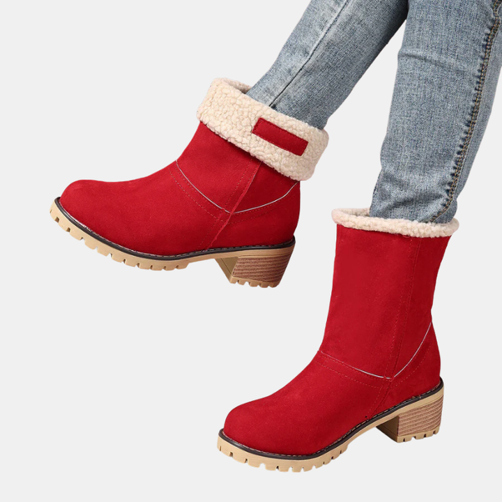 Ankle boots in red with cream faux-fur cuff and block heel, lug sole