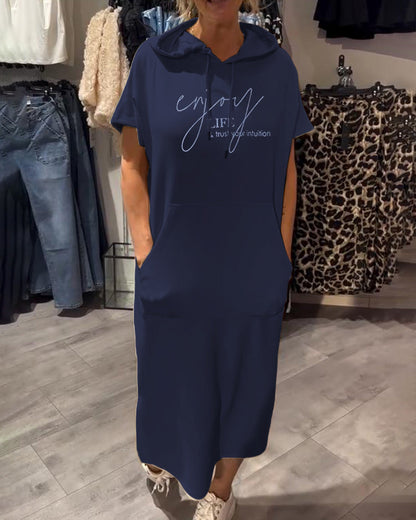 Long hooded dress, navy blue, short sleeves, front pocket and drawstring hood