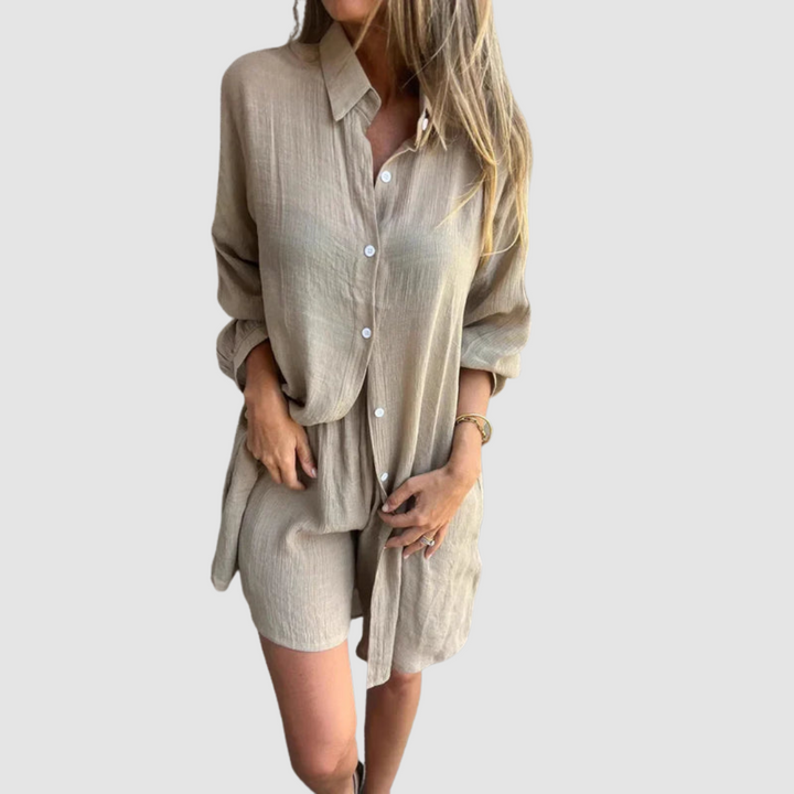 Beige button-up blazer and pencil skirt set, long sleeves, button front