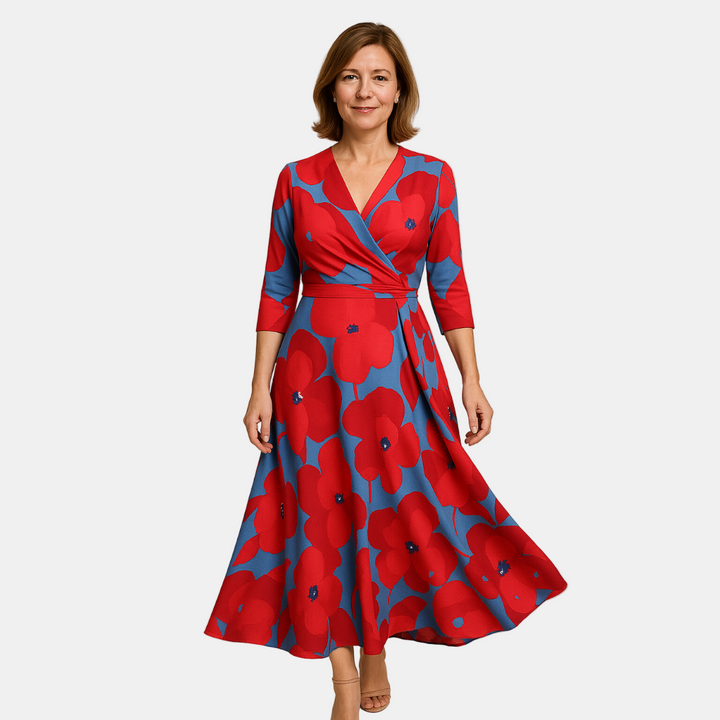 Red and blue floral wrap midi dress with 3/4 sleeves and V-neck