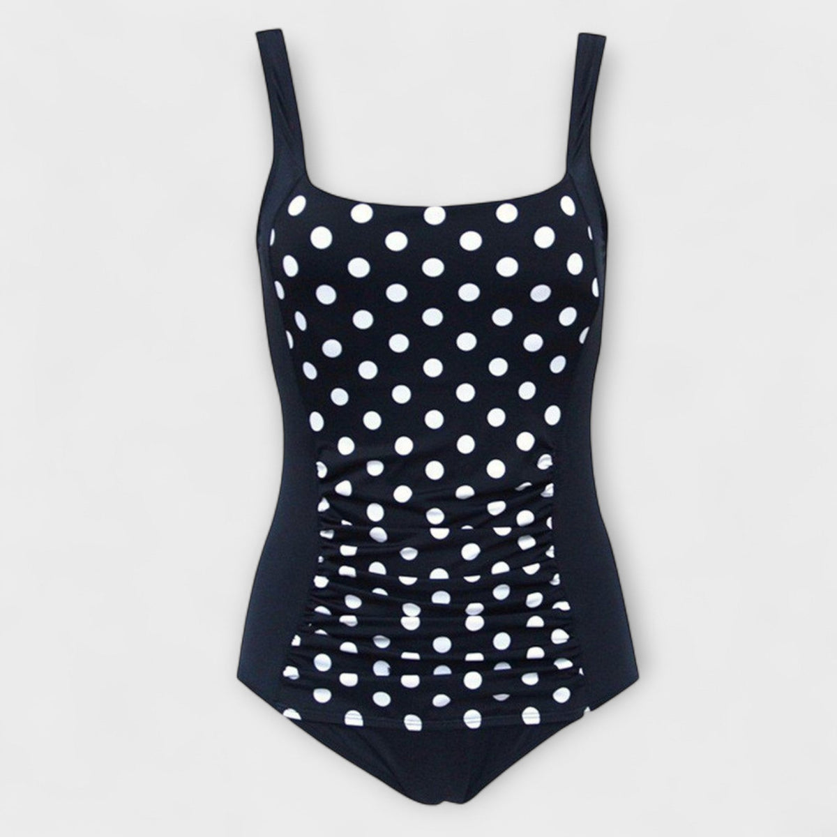 Black polka dot padded one-piece swimsuit with square neckline and ruched front