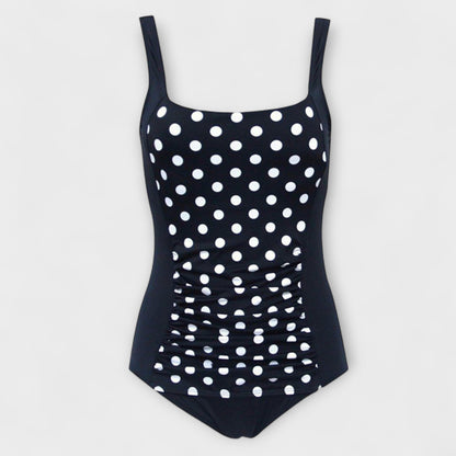 Black polka dot padded one-piece swimsuit with square neckline and ruched front
