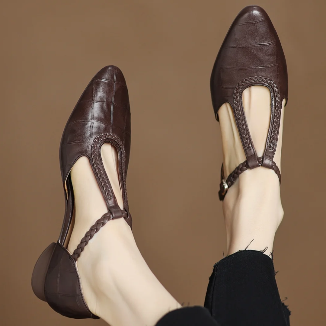 Brown leather Mary Jane shoes with braided strap trim and open cutout toe