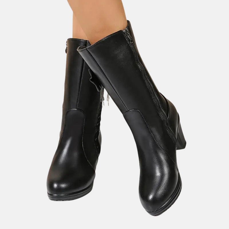 Vintage bow leather boots, black, side view with ankle zipper and block heel