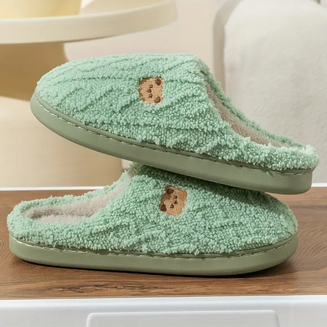 Fuzzy bear print slippers in mint green, slip-on with thick sole and stitched panel