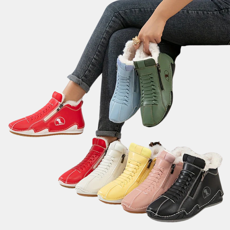 Colorful ergonomic boot assortment with faux-fur cuffs and side zippers