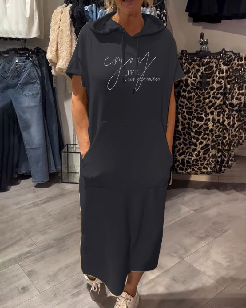 Long hooded dress, black, short sleeves, front pocket and drawstring hood