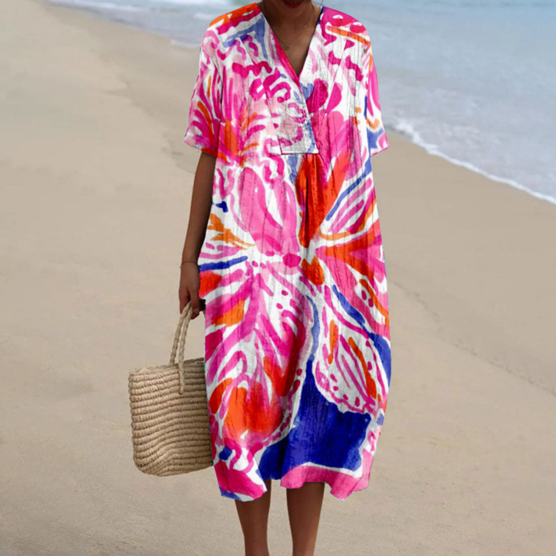 V-neck tie-dye summer dress with short sleeves, pink, blue, and orange floral pattern