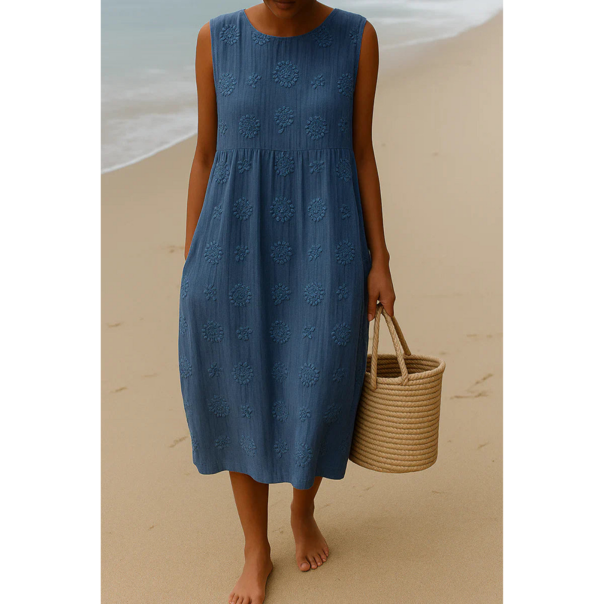 Blue embroidered sleeveless midi dress, round neck, scattered floral motifs