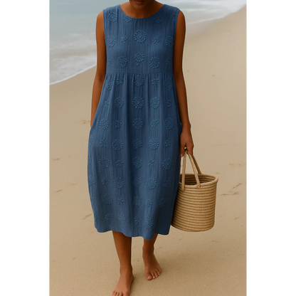 Blue embroidered sleeveless midi dress, round neck, scattered floral motifs