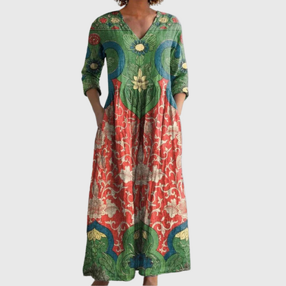 Multicolor maxi dress with V-neck and long sleeves, ornate floral pattern