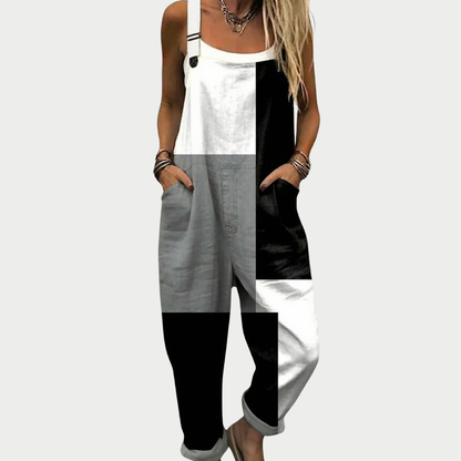 Black, gray and white printed sleeveless overalls with wide legs and front bib