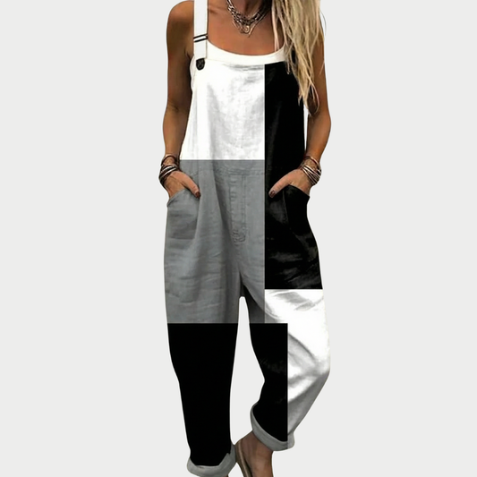 Black, gray and white printed sleeveless overalls with wide legs and front bib