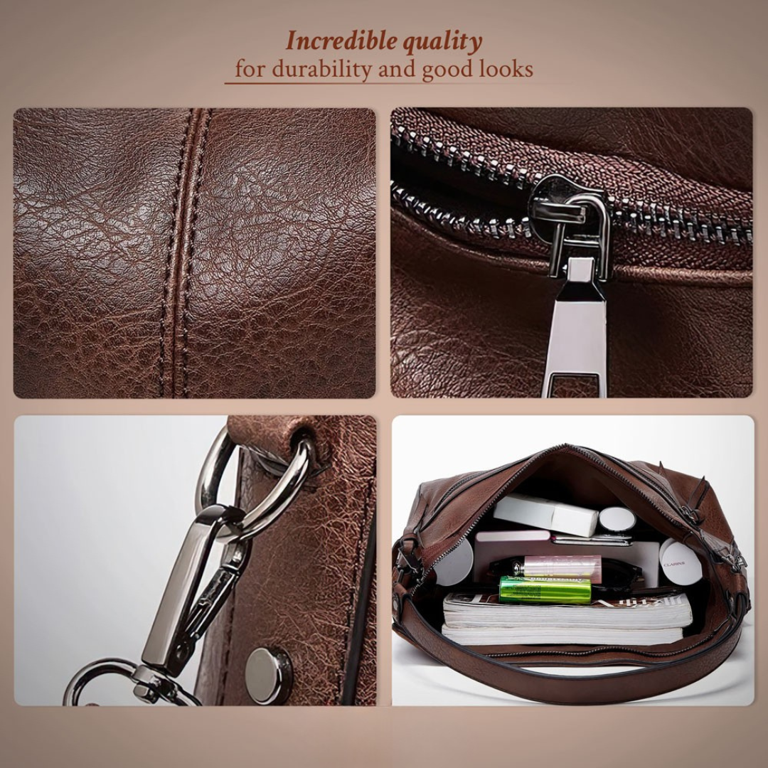 Hobo bag detail collage showing zipper, metal clasp, keyring, and open interior pocket