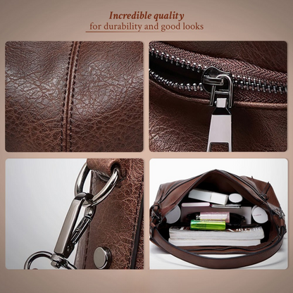 Hobo bag detail collage showing zipper, metal clasp, keyring, and open interior pocket