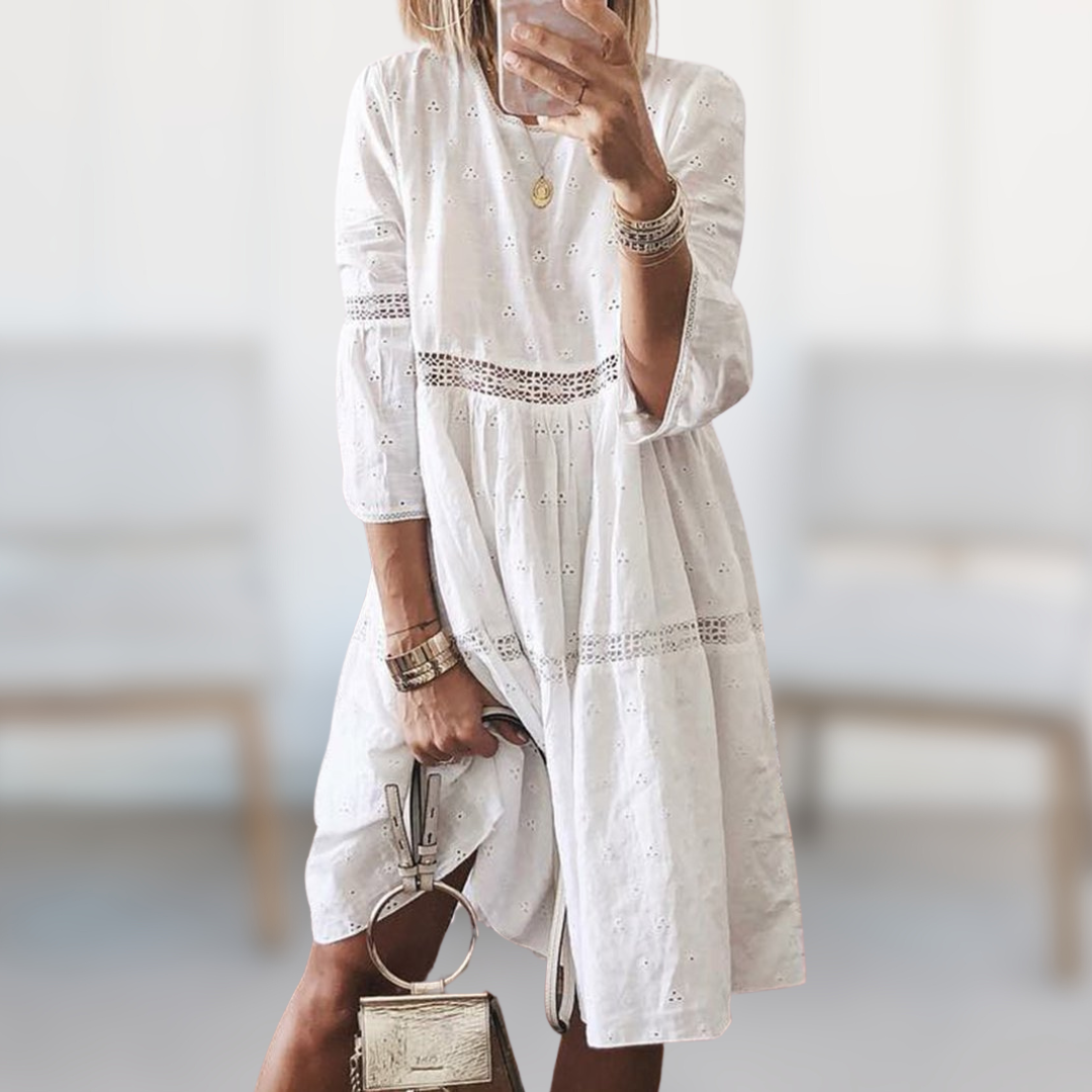 Mabel white summer dress with 3/4 puff sleeves and eyelet tiers, round neckline