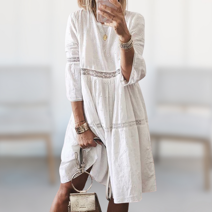 Mabel white summer dress with 3/4 puff sleeves and eyelet tiers, round neckline