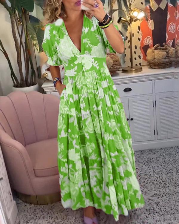 Floral midi dress, green with white V-neck and short puff sleeves