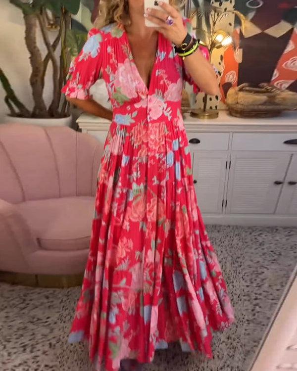 Floral maxi dress in red with pink and blue floral panel print, V-neck and layered tiers