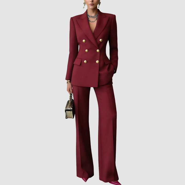 Tailored blazer and trousers set, burgundy with gold double-breasted buttons