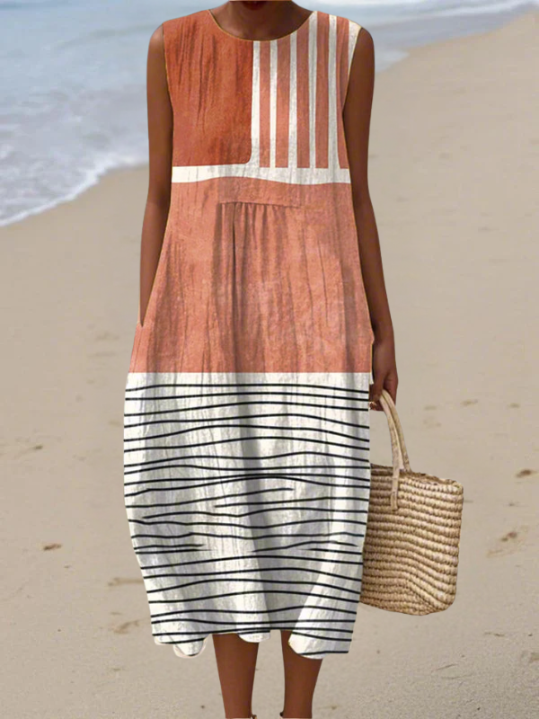 Multicolor striped sleeveless midi dress with round neck, vertical center stripe and hem bands
