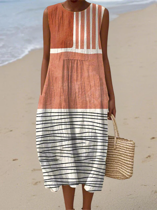 Multicolor striped sleeveless midi dress with round neck, vertical center stripe and hem bands