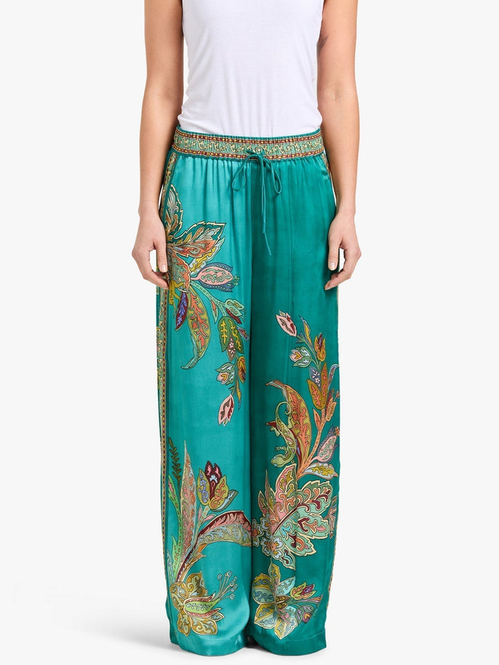 Turquoise wide-leg pants with elastic waist and paisley border print
