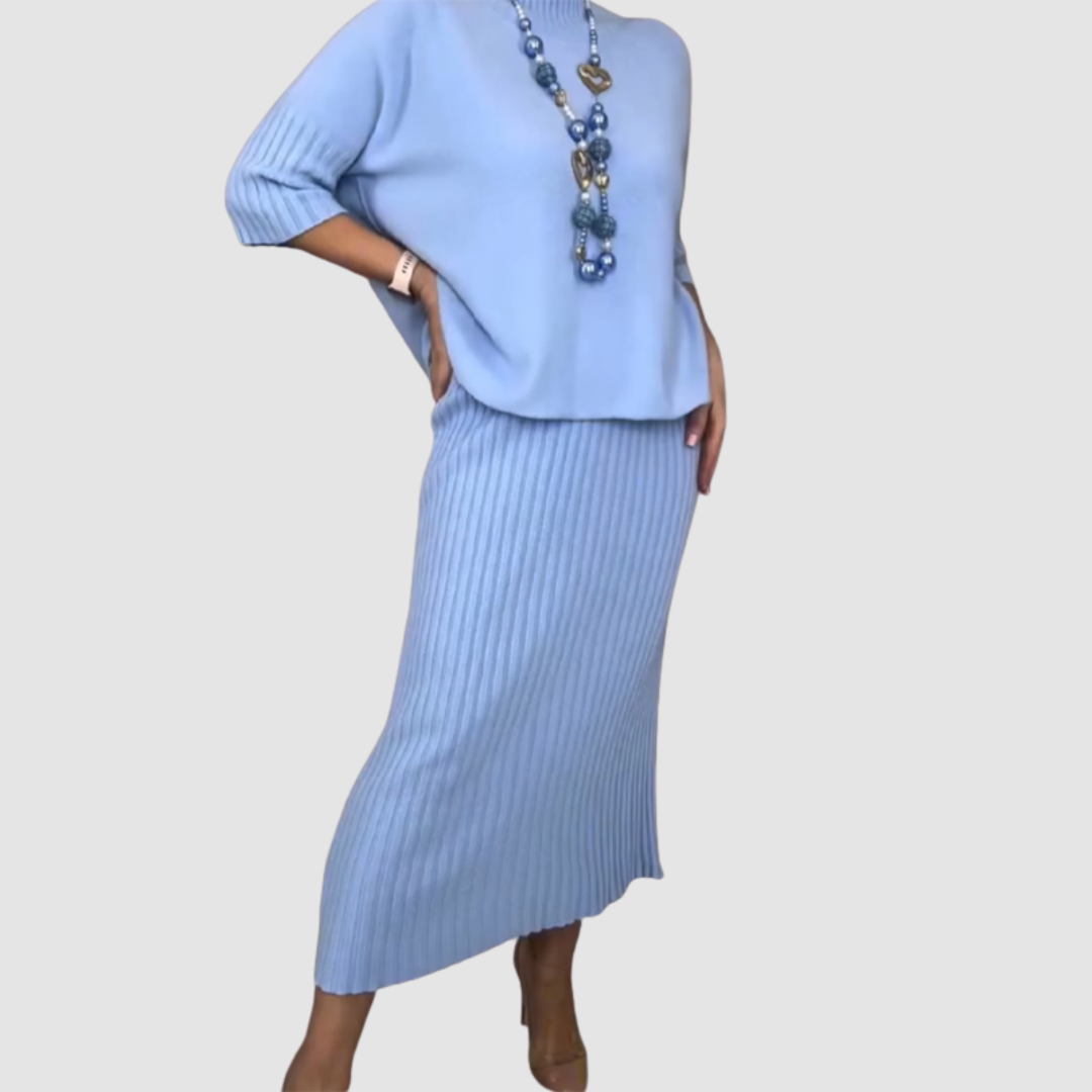 Blue knit top and ribbed midi skirt set with side-slit hem