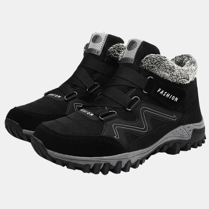 Black orthopedic shoes with faux-fur collar and hook-and-loop straps, thick rubber tread