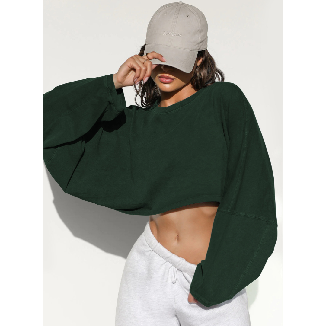 Women’s cropped pullover sweatshirt, dark green crew neck with long sleeves