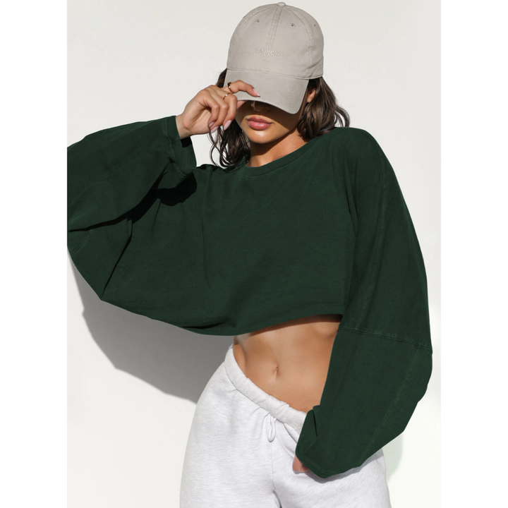Women’s cropped pullover sweatshirt, dark green crew neck with long sleeves