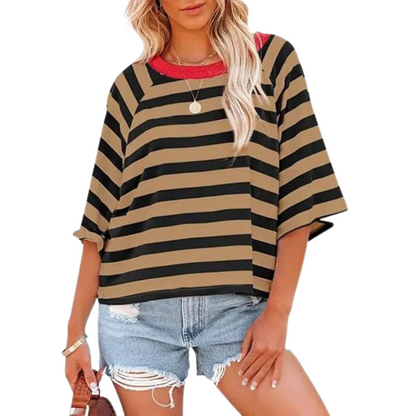 Loose fit crewneck top in black and tan stripes with red neckline band