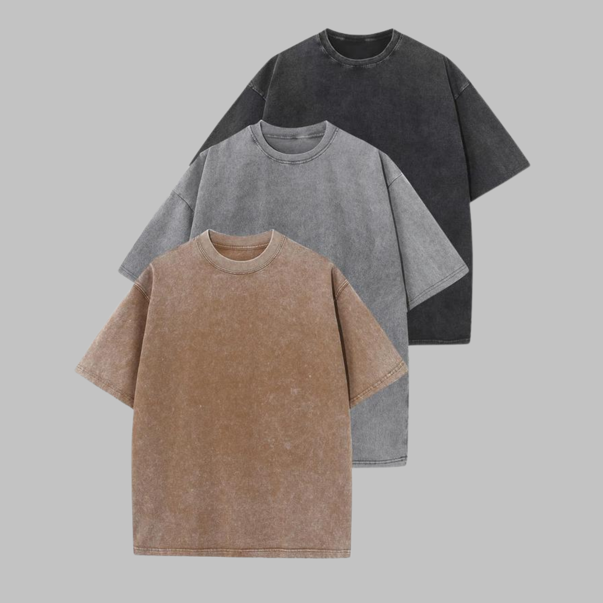 3-pack washed crew-neck T-shirts in tan, gray, and dark gray