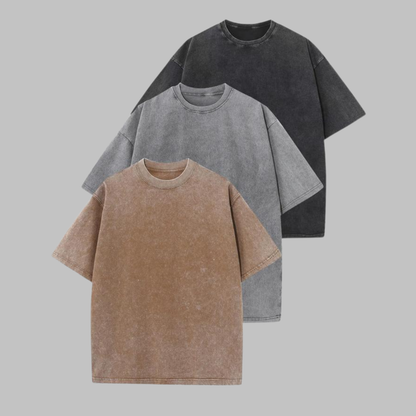 3-pack washed crew-neck T-shirts in tan, gray, and dark gray