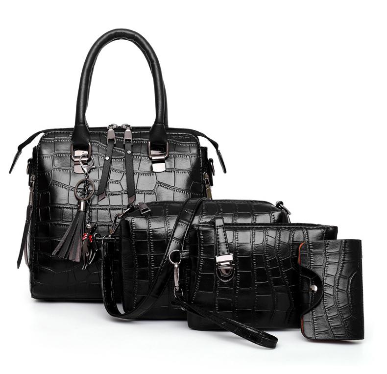 Black croc-pattern 4-piece handbag set with top handle, shoulder strap, and wrist pouch