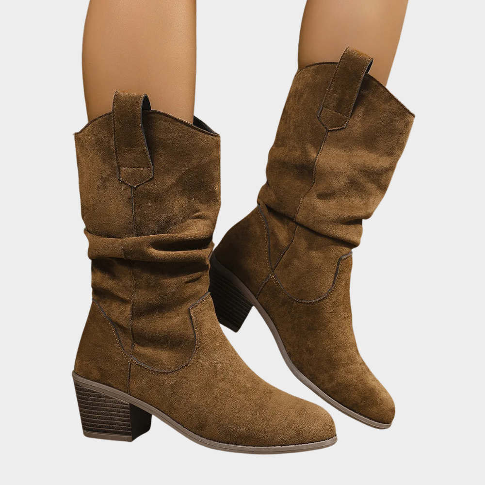 Dark brown mid-heel cowboy boots with pull tabs, western seams, and stacked block heel