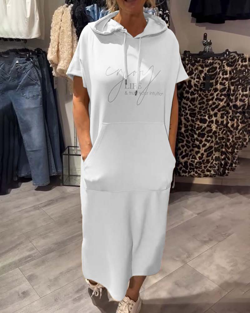 Long hooded dress, white, short sleeves, kangaroo pocket and drawstring hood