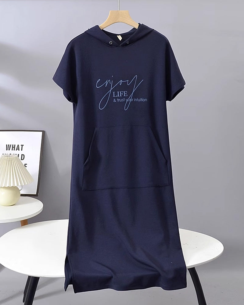 Dark blue hooded long dress with short sleeves and chest graphic print