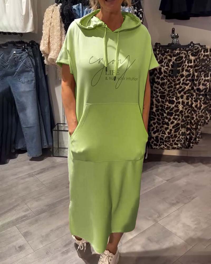 Long hooded dress, lime green, short sleeves, front pocket and drawstring hood