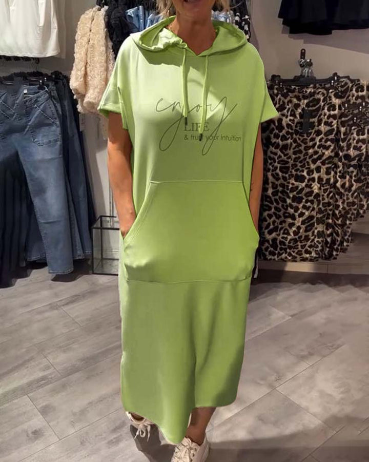 Long hooded dress, lime green, short sleeves, front pocket and drawstring hood